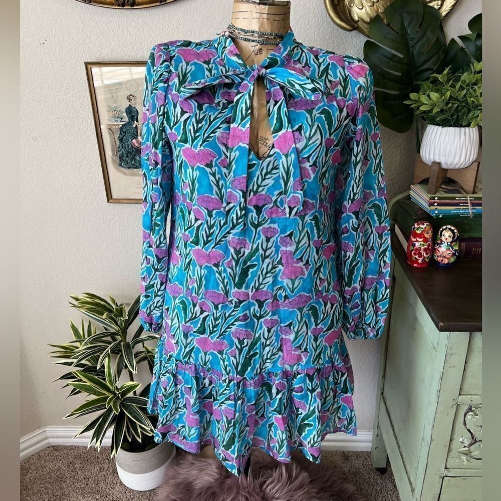 Warm Cotton Blue Pink Izzie Block Print‎ Floral Tie Collar Dress Sz XS $375